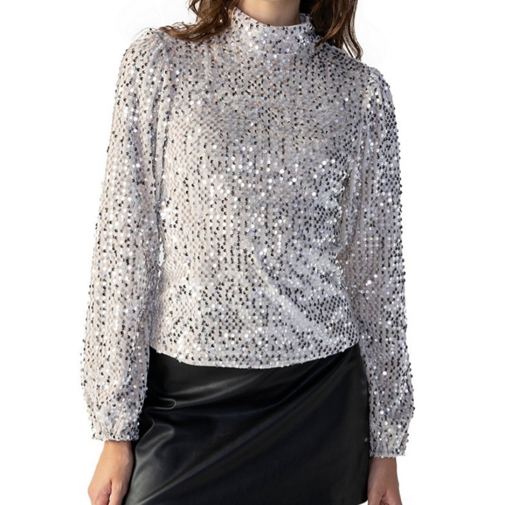Sanctuary All nighter Silver Sequined Champagne Long Sleeve Top Size Small